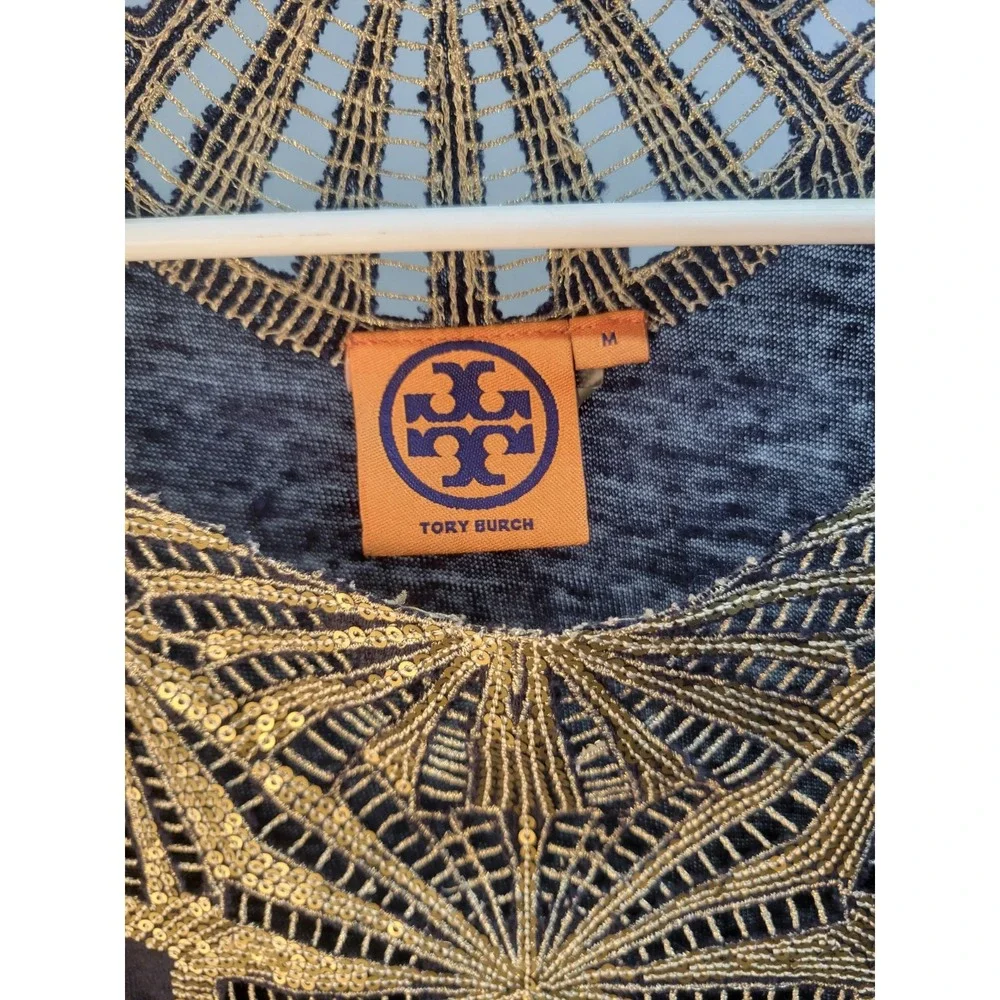 Tory Burch‎ Womens Blue 100% Linen Gold Sequence Scoop Neck Blouse Sz M